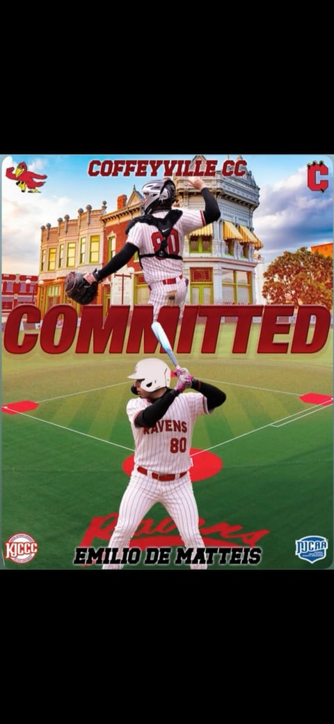 Baseball recruitment poster for Coffeyville CC showing player Emilio De Matteis in red and white uniform performing athletic move against historic building backdrop