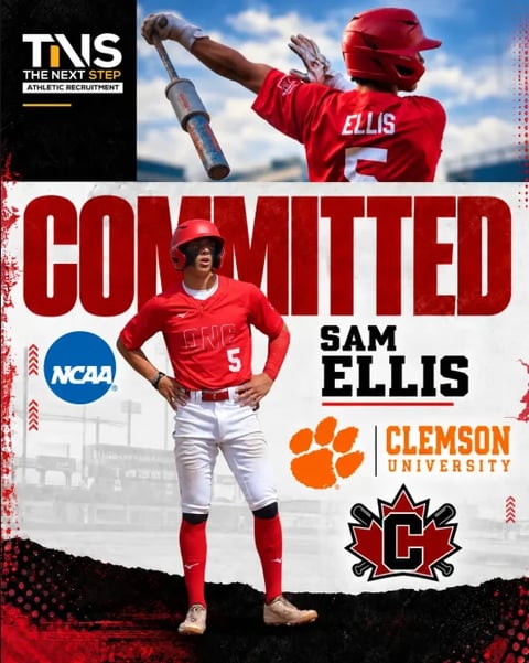 Sam Ellis baseball recruitment poster showing player in red uniform with bat and Clemson University logo, NCAA and TNS branding