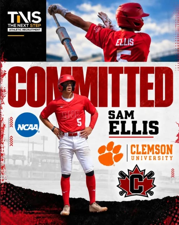 Sam Ellis baseball recruitment poster showing player in red uniform with bat and Clemson University logo, NCAA and TNS branding