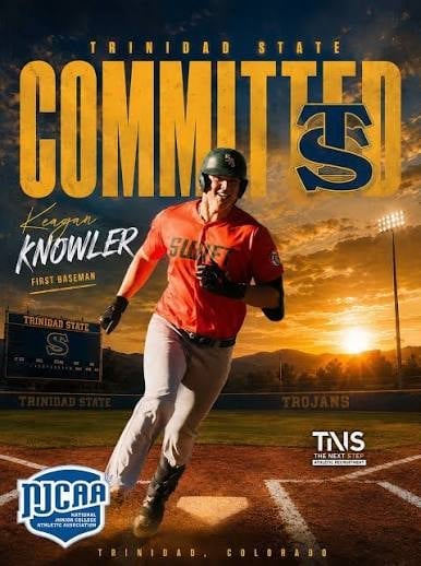 Baseball player Logan Knowler in red Trinidad State uniform on field at sunset with Committed graphic