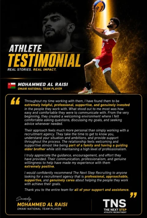 Athlete testimonial from Mohammed Al Raisi featuring a basketball player shooting and a quote praising recruitment and coaching support services