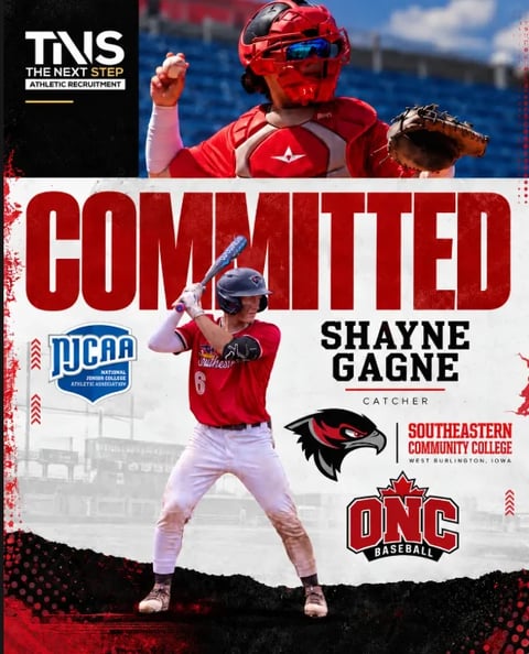 Commitment graphic for Shayne Gagne, catcher, to Southeastern Community College with TNS athletic recruitment branding