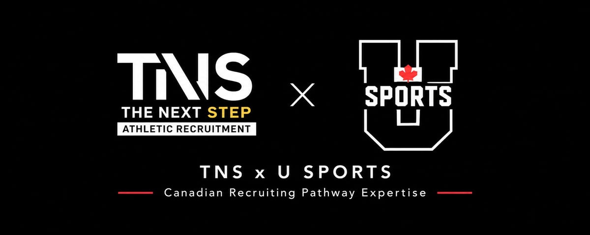 TNS and U Sports logos with text TNS x U SPORTS Canadian Recruiting Pathway Expertise on black background
