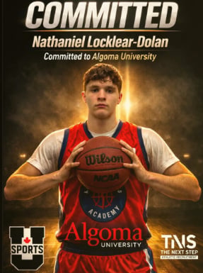 Nathaniel Locklear-Dolan commitment graphic with basketball player holding Wilson ball in red Algoma University jersey