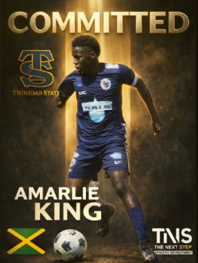 Amarlie King commitment announcement graphic featuring young soccer player in Trinidad State blue jersey with ball