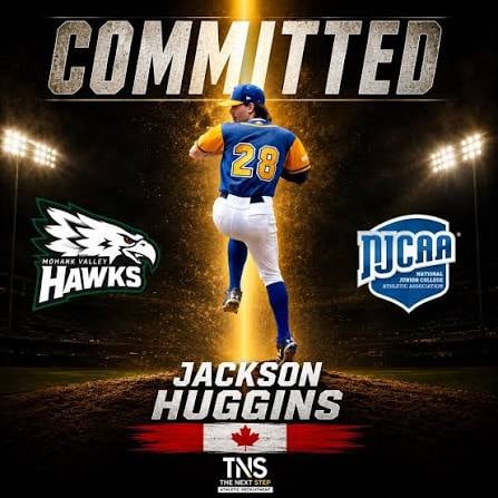 Baseball player Jackson Hoggins in blue and gold uniform number 28 committed to Mohawk Valley Hawks NJCAA program