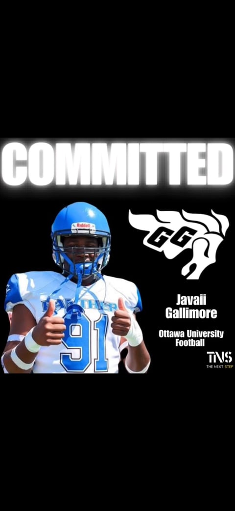 Football recruit Javaii Gallimore in blue uniform with number 91, committed to Ottawa University Football