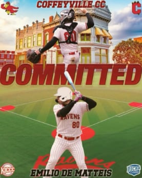 Baseball player in Coffeyville CC uniform celebrating commitment, with mascot and field visible on recruitment poster