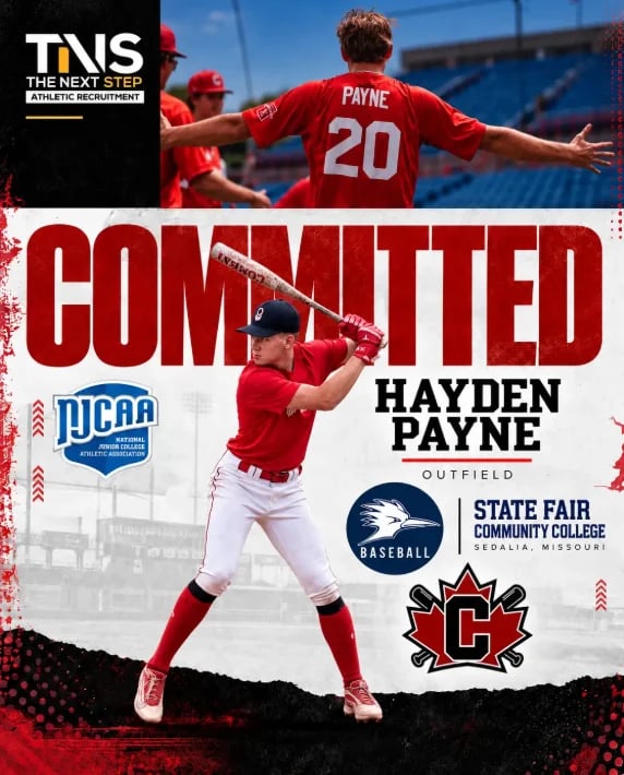 Hayden Payne Committed recruitment poster showing player in red uniform at baseball stadium and batting stance