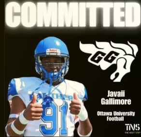 Football player in blue uniform giving thumbs up with Committed text and Javali Galimore Ottawa University Football information