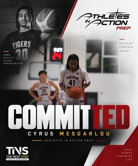 Cyrus Mesgarlou basketball player commits to Eastern, Athletes in Action Prep recruitment poster