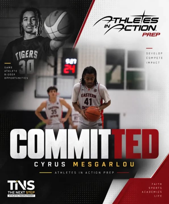 Cyrus Mesgarlou basketball player commits to Eastern, Athletes in Action Prep recruitment poster
