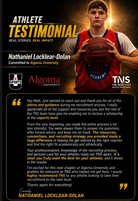 Athlete testimonial featuring Nathaniel Locklear-Dolan holding a basketball, committed to Algoma University, with endorsement quote from TNS recruitment team