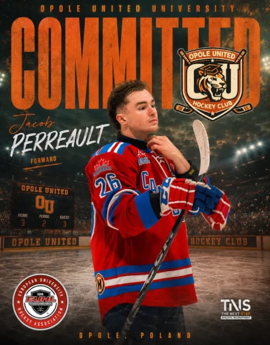 Recruitment poster for hockey player Jacob Perreault committing to Opole United University hockey club