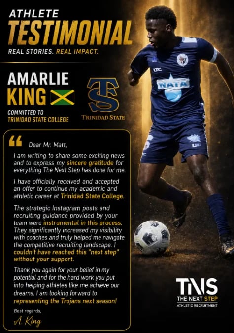 Athlete testimonial featuring Amarlie King, a soccer player committed to Trinidad State College, in blue team jersey with ball