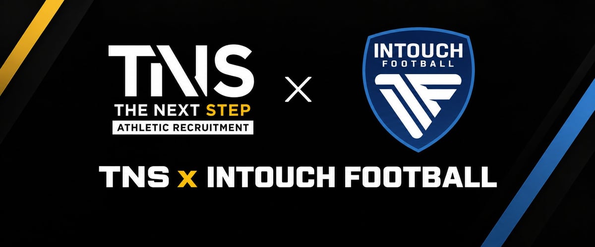 TNS The Next Step Athletic Recruitment logo partnered with InTouch Football, displayed on a black background with blue and yellow accent lines
