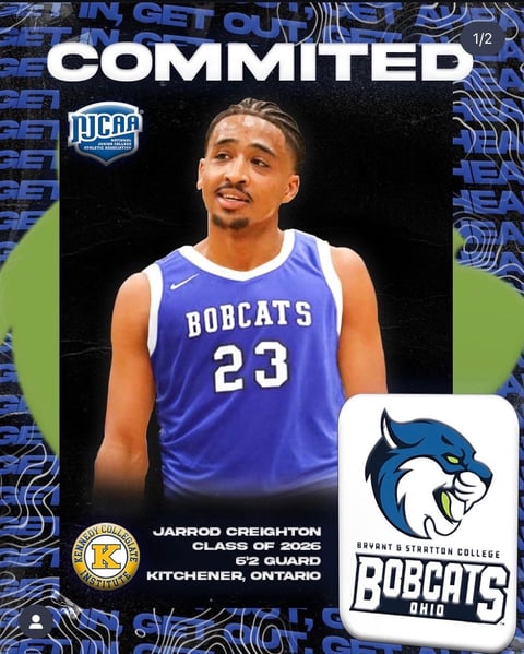 Recruitment poster for Jarrod Creighton, a basketball player wearing Bobcats number 23 jersey, committed to Bryant College