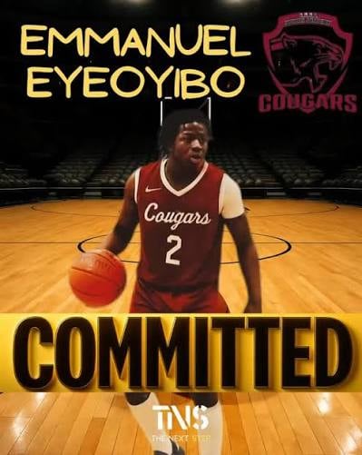 Basketball player Emmanuel Eyeoyibo in maroon Cougars jersey number 2 holding a basketball on court with committed overlay