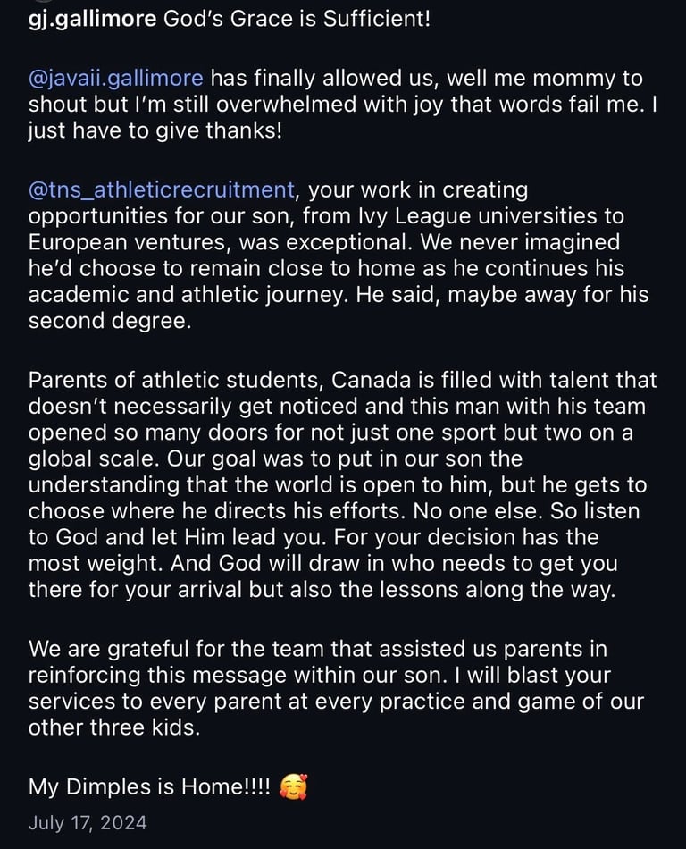 Screenshot of social media testimonial post praising athletic recruitment services for helping place a student-athlete at an Ivy League university, dated July 17, 2024